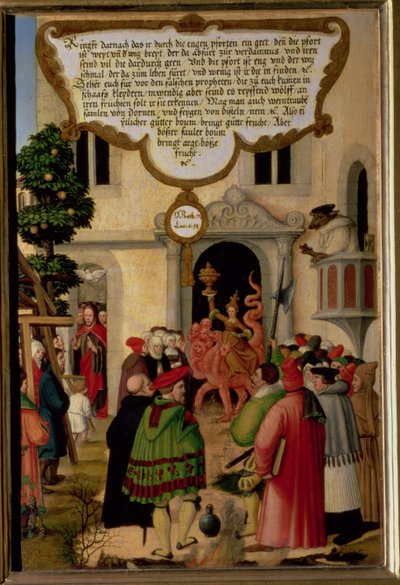 &39;Cuidado com os falsos profetas; eles vêm até você com o traje de ovelhas, mas no fundo são lobos vorazes ”(Mateus 7 v.15, Lucas 6 v.13), ilustração do ensinamento de Cristo, seção do painel da ala de t de Matthias Gerung or Gerou